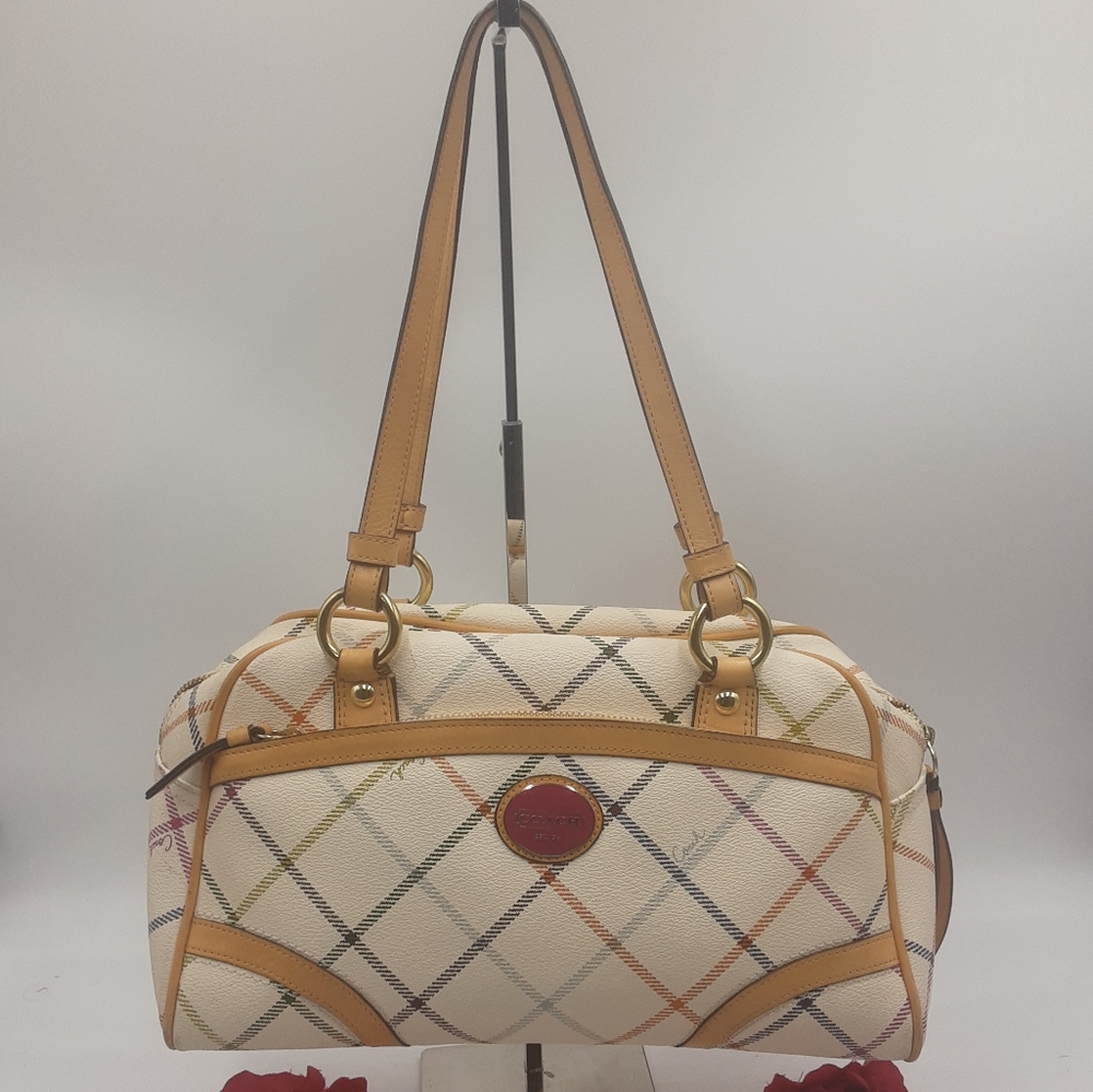 Vintage COACH plaid Satchel shoulder Bag Beige multi in excellent  condition